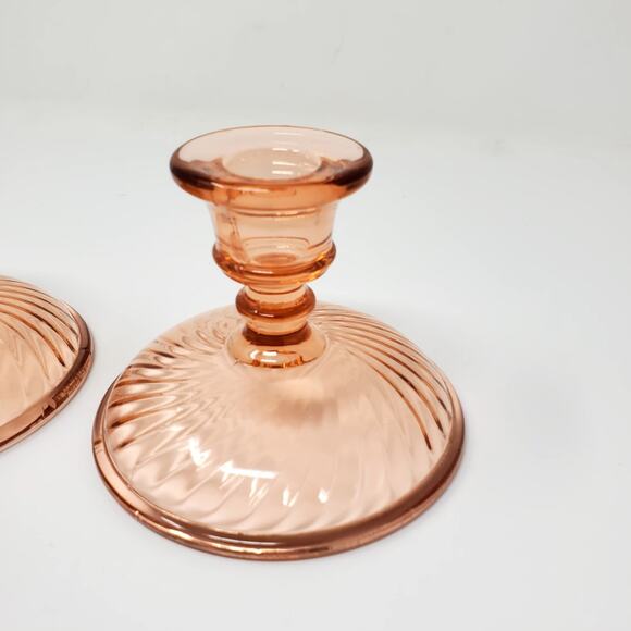 Vtg Pink Heavy Depression Glass Candlestick Holder Swirl Pattern Set of 2 - Picture 2 of 7